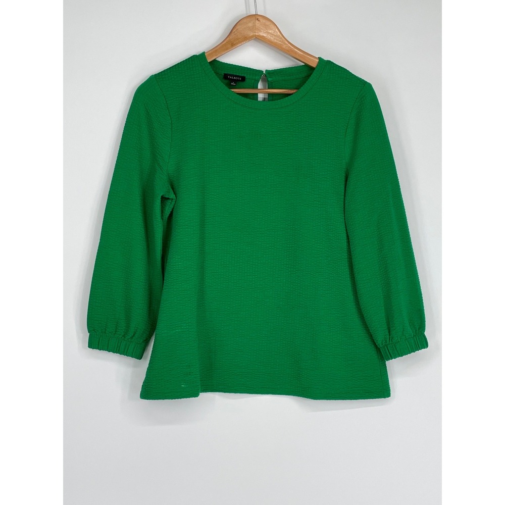 Talbots Womens Small Top S 3/4 Sleeve Green Textured Seersucker Knit